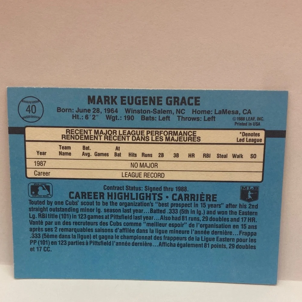 1988 Leaf  Mark Grace Rated Rookie Cubs #40 (066) - Picture 2 of 2